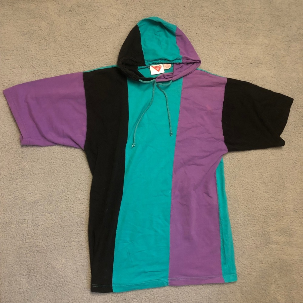 Vintage Pony Color Block Short Sleeve Hoodie Teal Purple Black 90s Retro Mens M